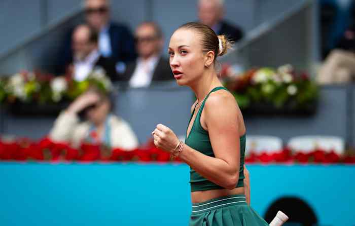 MADRID, SPAIN - APRIL 29: Anastasia Potapova of Austria reacts during her match against Karolina Pliskova of the Czech Republic in the quarter-final on Day Ten of the Mutua Madrid Open at La Caja Magica on April 29, 2026 in Madrid, Spain (Photo by Robert Prange/Getty Images)
