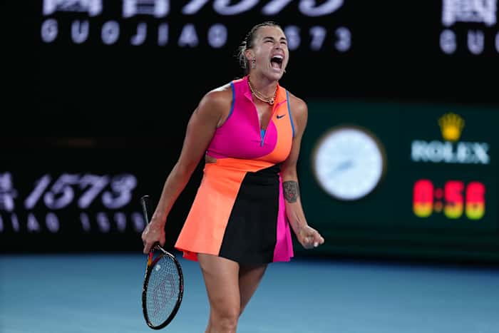MELBOURNE, AUSTRALIA - JANUARY 29: Aryna Sabalenka reacts against Elina Svitolina of Ukraine in the Women's Singles Semifinal match during day 12 of the 2026 Australian Open at Melbourne Park on January 29, 2026 in Melbourne, Australia. (Photo by Fred Lee/Getty Images)
